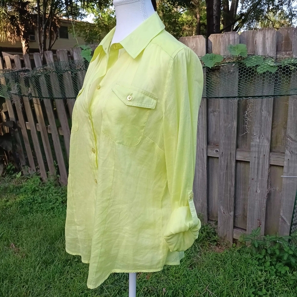 Chico's Size 1 Lemon Green Women Roll Up Sleeves  Ramie Linen&Cotton Blend Shirt - Picture 2 of 16